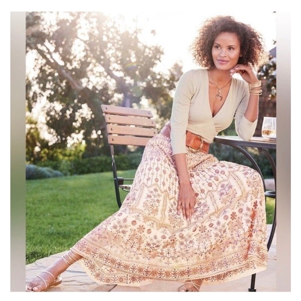 Soft Surroundings Embroidered Mesh Maxi Skirt Cream Terracotta Sequin Boho M